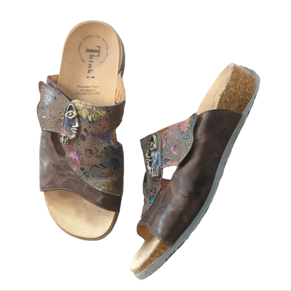 Think! Neutral print leather slides